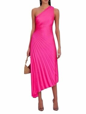 A.L.C. Delfina Midi Dress One-Shoulder Hot Pink Pleated Asymmetric - Size 10